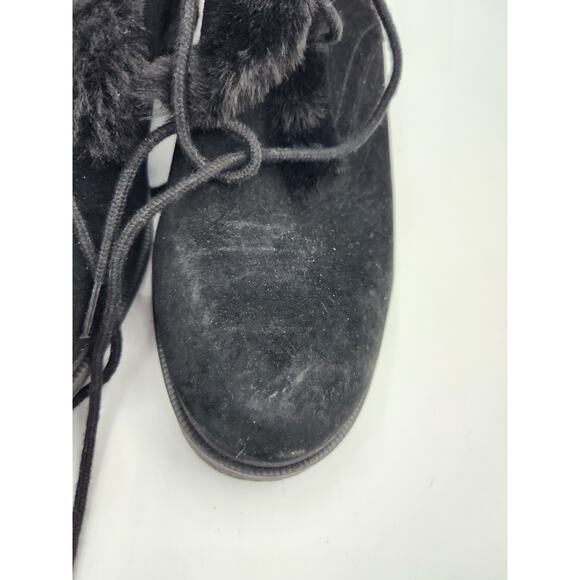 Black Suede Ankle Boots with Faux Fur Trim, Lace-Up Closure - Picture 4 of 15